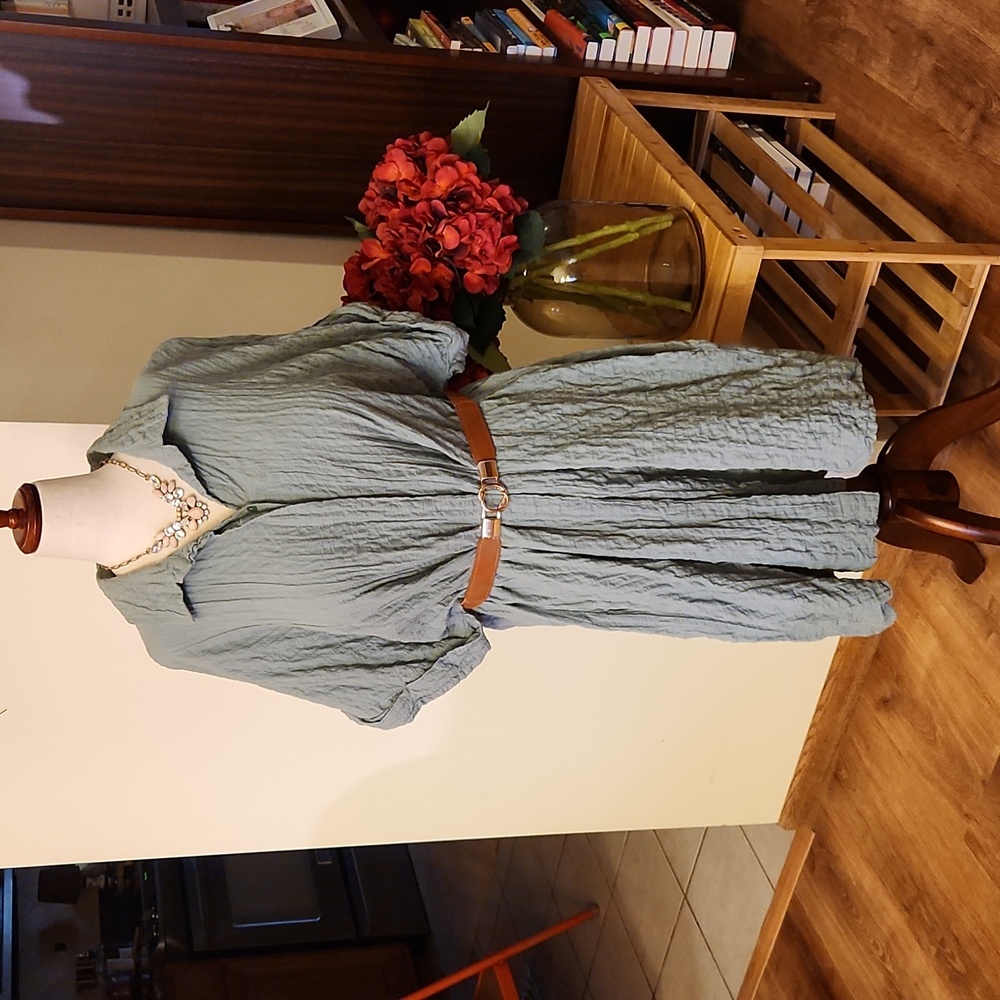 Abercrombie & Fitch Sage Green Crinkled Midi Shirt Dress